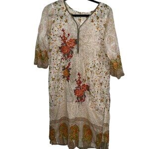 Floral Embroidered Beige & Orange Tunic Dress With 3/4 Sleeves
